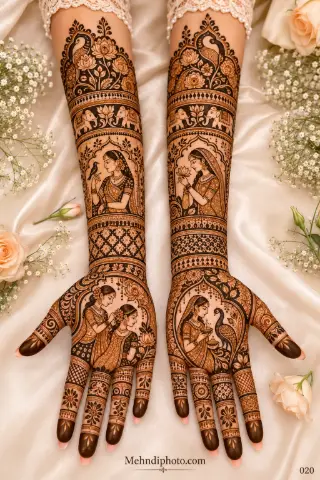 Full hand bridal mehndi design on both palms and forearms featuring bride portraits, bridal rituals, peacocks, elephants, lotus flowers and jaali patterns.