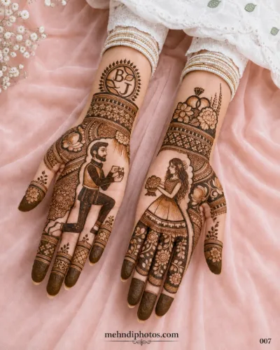 Bride and groom portrait bridal mehndi design with floral patterns and detailed motifs on both hands