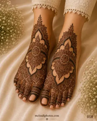 Royal full-foot mehndi design featuring intricate floral mandalas, paisley motifs, lace-style fillers, and traditional bridal henna artwork on both feet.