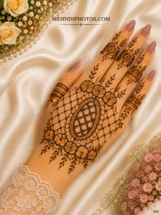 Simple back hand mehndi design with an oval floral centerpiece, rose motifs, net patterns, leafy branches and matching finger designs.