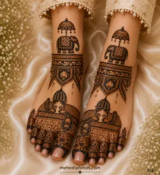 Royal bridal foot mehndi design on both feet with elephants, decorative umbrellas, lotus panels, palace domes, paisley motifs and detailed toes.