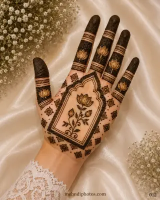 Front hand mehndi design with a central lotus inside a temple-style arch, small floral motifs, dark finger bands and shaded fingertips.