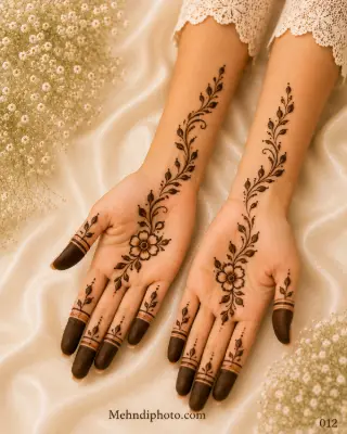 Simple flower vine front hand mehndi design with elegant floral pattern and leafy vine extending from palm to forearm, perfect easy Indian mehndi for girls and women.