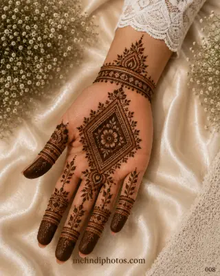 Simple front hand mehndi design featuring a central diamond floral panel, leafy borders, decorative wrist bracelet and dark shaded fingertips.