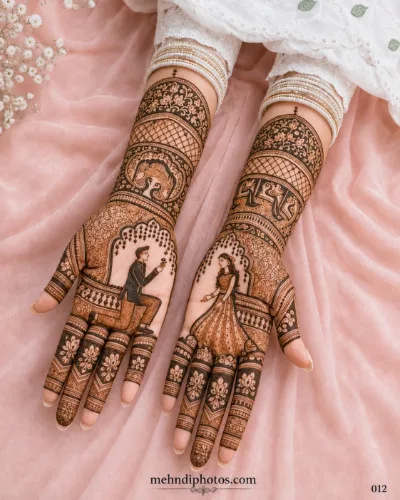 Bridal full hand mehndi design with a bride and groom scene, surrounded by floral, paisley and intricate traditional patterns.