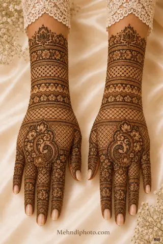 Full back hand bridal mehndi design on both hands featuring peacock motifs, lotus flowers, floral jaali patterns and detailed finger artwork.