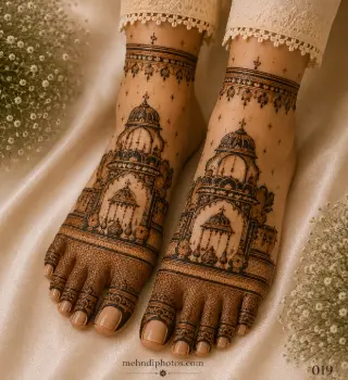 Royal palace inspired full foot mehndi design with intricate jharokha architecture, hanging lantern motifs, geometric patterns, and traditional bridal henna on both feet.