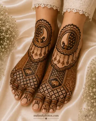 Royal peacock foot mehndi design with intricate geometric patterns, decorative borders, and traditional bridal henna covering both feet.