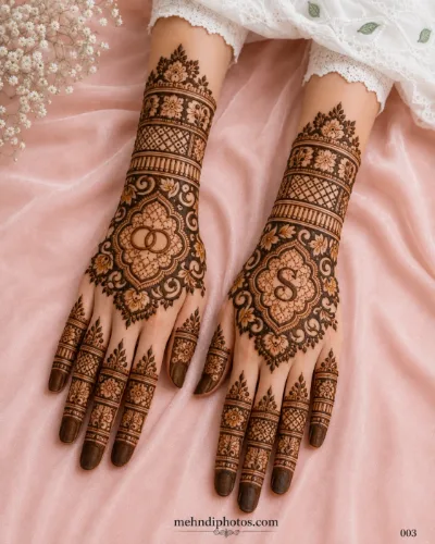 Beautiful floral mandala mehndi design for both hands with intricate flowers, leaves, lattice patterns and traditional Indian detailing.