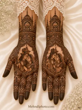 Radha Krishna full hand bridal mehndi design on both palms with divine couple portraits, temple arches, lotus motifs and intricate finger patterns.