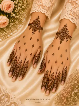 Simple back hand mehndi design on both hands with floral wrist bracelets, scattered leaf motifs and matching finger patterns.