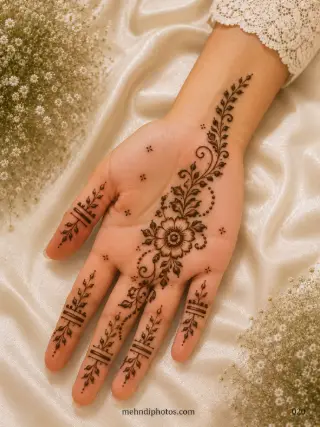 Simple front hand mehndi design with a shaded central flower, flowing leafy vines, delicate dotted curls and minimal finger patterns.
