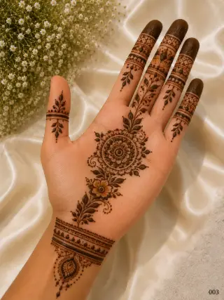 Simple front hand mehndi design featuring a central floral mandala, leafy vines, wrist bracelet pattern, finger bands and dark shaded fingertips.