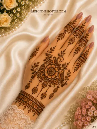 Simple peacock back hand mehndi design with three birds, a central flower, leafy vines, hanging jhumka motifs and floral finger bands.