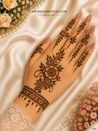 Simple floral vine back hand mehndi design with a large central flower, leafy finger patterns and a decorative floral wrist bracelet.