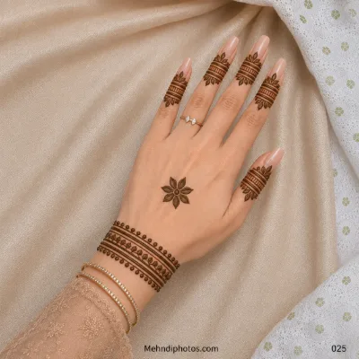 Back hand with matching leafy finger bands, a small central flower and a layered bracelet-style mehndi border around the wrist.