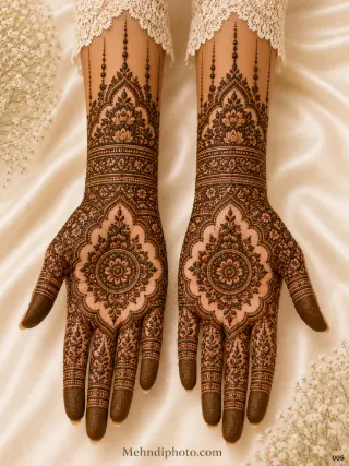 Elegant full hand bridal mehndi design with lotus mandala motifs, floral detailing, arch wrist patterns and intricate finger designs on both palms.