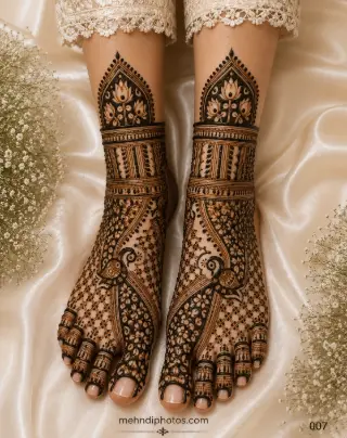 Bridal foot mehndi design on both feet featuring peacock motifs, lotus arch patterns, floral jaali work, ornamental ankle bands and decorated toes.