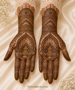Traditional full hand bridal mehndi design with kalash motifs, lotus details, arch patterns and intricate finger designs on both palms and forearms.