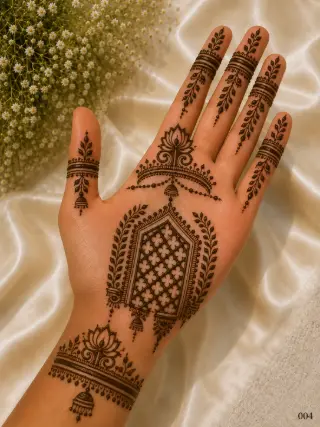Simple front hand mehndi design featuring a central geometric jaali panel, lotus motifs, leafy borders, hanging jhumkas and decorated fingers.