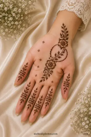 Simple front hand mehndi design with two connected flowers, a dotted circular loop, leafy vines, small floral dots and minimal finger patterns.