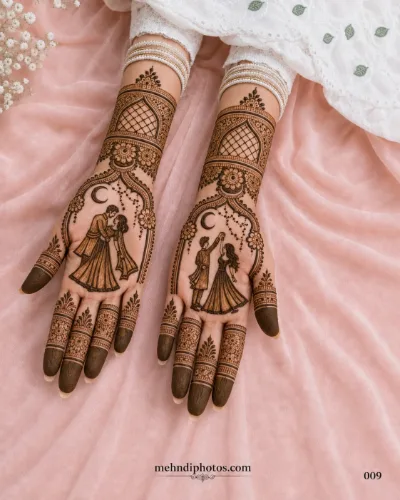 Romantic couple portrait mehndi design with crescent moon and floral patterns on both hands