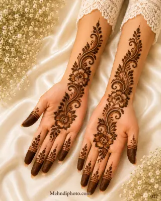 Elegant floral swirl front hand mehndi design with detailed flowers and flowing leafy vine pattern extending from palm to forearm, stylish Indian mehndi design for girls and women.