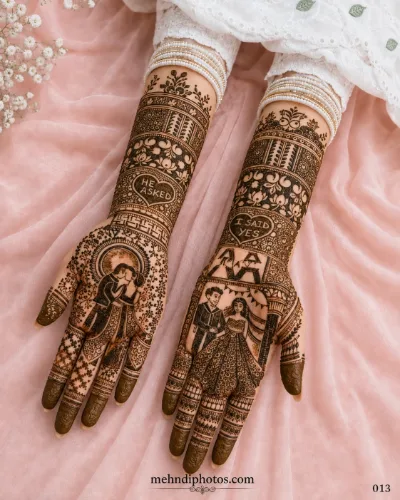 Bridal full hand mehndi design featuring romantic couple portraits, wedding story details, floral patterns and “He Asked” and “I Said Yes” motifs.