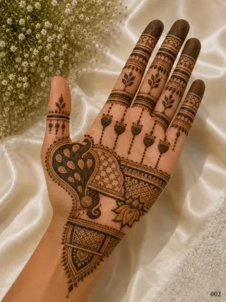 Front hand mehndi design featuring a large peacock motif, geometric jaali patterns, lotus details, hanging ornaments and dark fingertips.