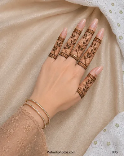Back hand with leafy vine mehndi on each finger, surrounded by fine dots and bordered with decorative horizontal bands.