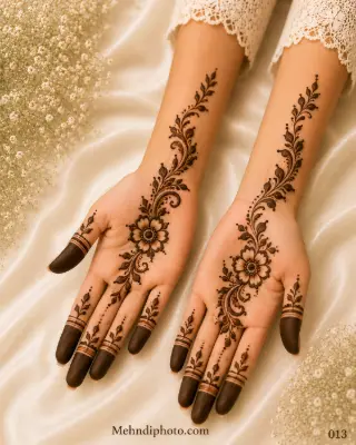 Simple floral vine front hand mehndi design with elegant flower and leafy vine extending from palm to forearm, easy Indian mehndi design for girls and women.