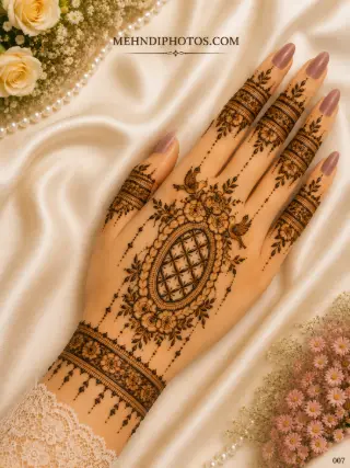 Simple back hand mehndi design with two birds, rose flowers, an oval jaali centerpiece, leafy vines and matching floral finger bands.