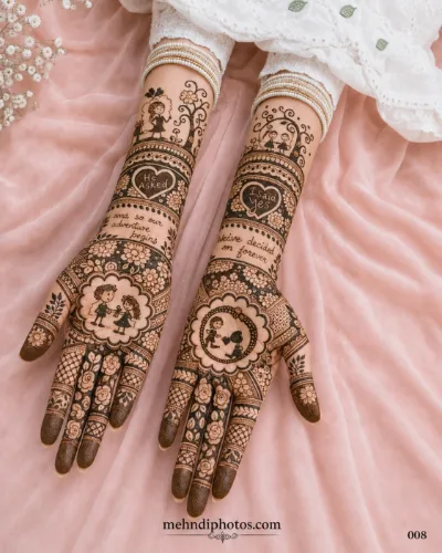 Romantic love story mehndi design with couple illustrations, heart motifs and floral patterns on both hands