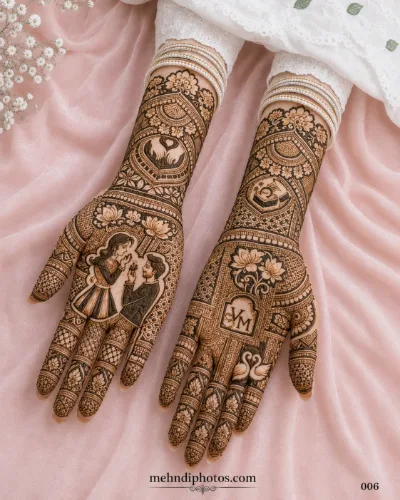 Royal bridal mehndi design featuring a wedding couple portrait, floral patterns and swan motifs on both hands