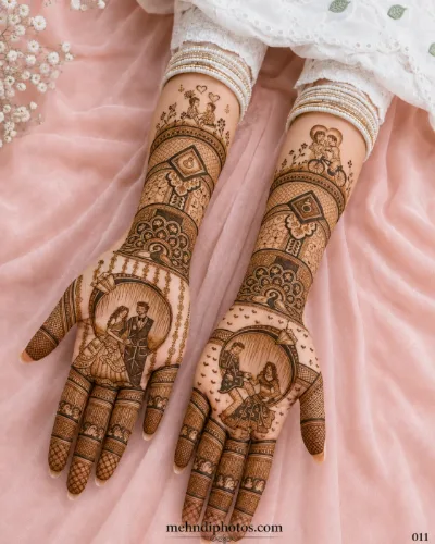 Bridal full hand mehndi design featuring romantic couple portraits, floral patterns, paisley motifs and detailed traditional artwork.