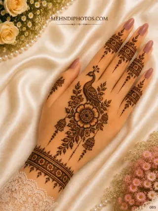 Simple back hand mehndi design featuring a peacock above a central flower, leafy vines, hanging jhumka motifs and floral finger bands.