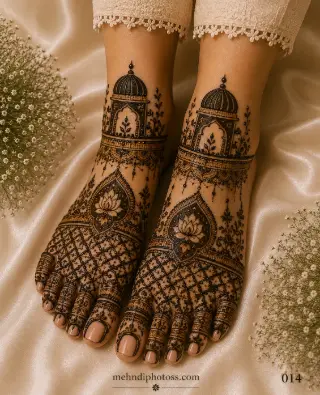 Royal bridal foot mehndi design featuring palace dome motifs, lotus flowers, intricate jaali patterns, and detailed traditional henna covering both feet.