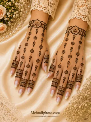 Minimal back hand mehndi design on both hands featuring lotus wrist bracelets, vertical rose and leaf trails, and simple finger bands.