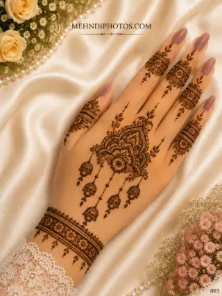 Simple back hand mehndi design with a central floral paisley motif, hanging jhumka elements, floral finger bands and a wrist bracelet pattern.