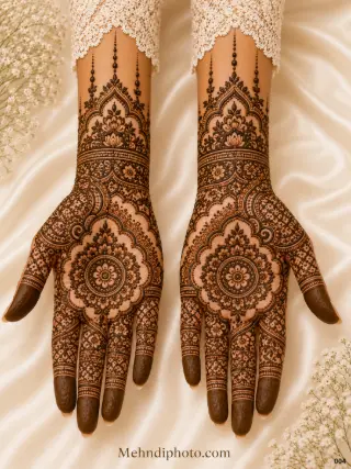Royal full hand bridal mehndi design with central mandala motifs, floral detailing, arch wrist patterns and intricate finger designs on both hands.