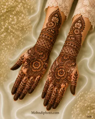 Bridal front hand mehndi design with intricate floral and paisley patterns, full hand Indian bridal mehndi extending to the forearms, ideal for weddings and traditional occasions.