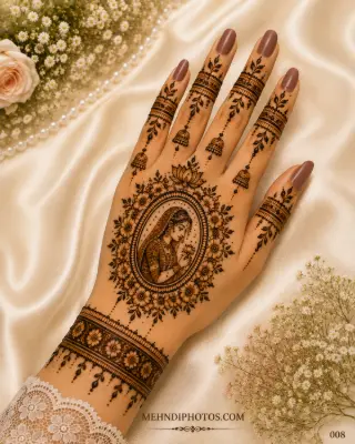 Back hand mehndi design with an Indian bride holding a lotus, oval floral frame, hanging jhumka motifs and decorative finger bands.