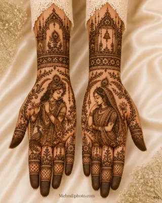 Radha Krishna full hand bridal mehndi design with Krishna flute portrait, Radha portrait, temple arch motifs, floral vines and intricate finger patterns.