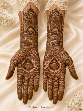 Royal full hand bridal mehndi design with diya motifs, palace architecture, dhol elements and intricate traditional patterns on both palms and forearms.