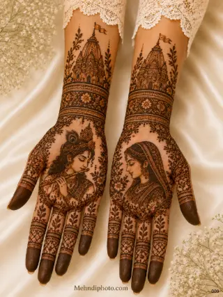 Radha Krishna full hand bridal mehndi design with Krishna flute portrait, Radha portrait, temple motifs, floral details and intricate finger patterns.