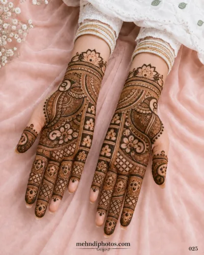 Beautiful front hand bridal mehndi design with lotus motifs on the wrists, floral paisley curves, and detailed jaal patterns on both palms